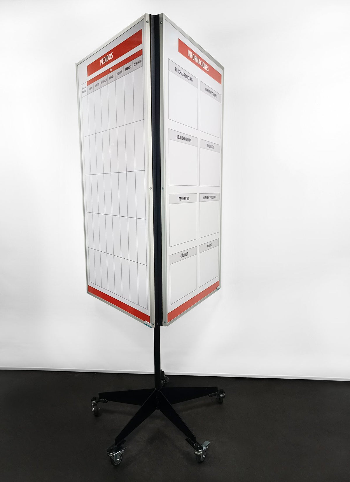 Rotating three-sided visual management board on casters