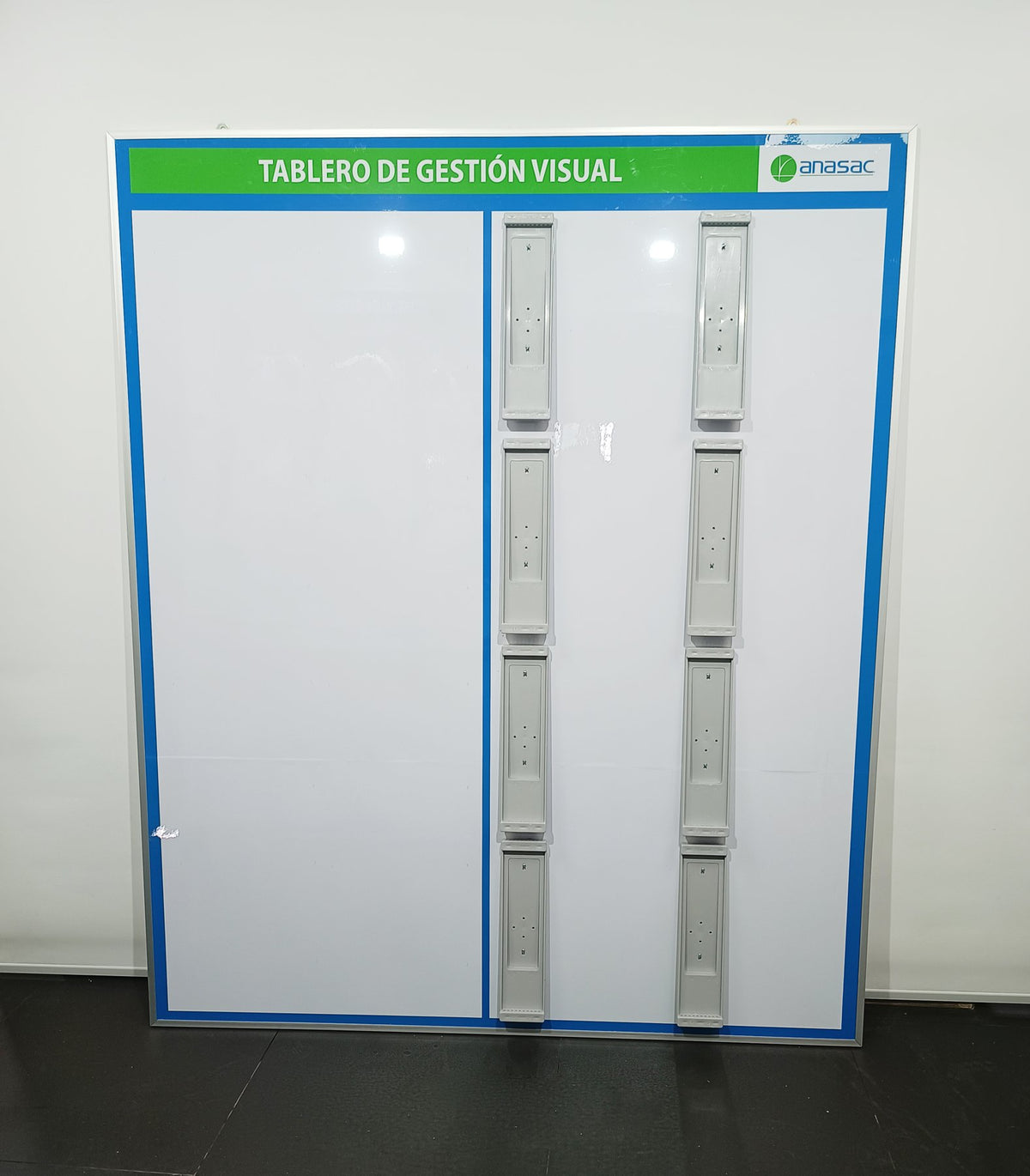 Custom visual management board with KPI layout and document holders