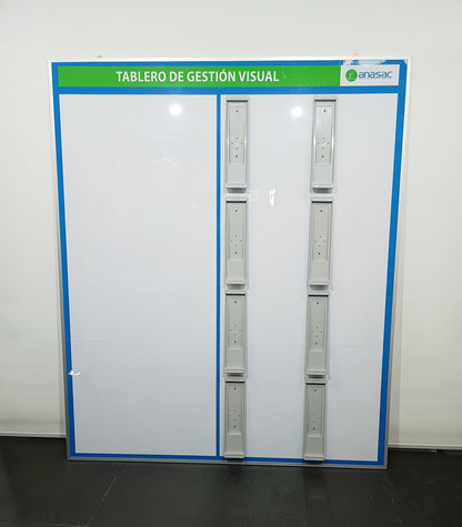 Custom visual management board with KPI layout and document holders