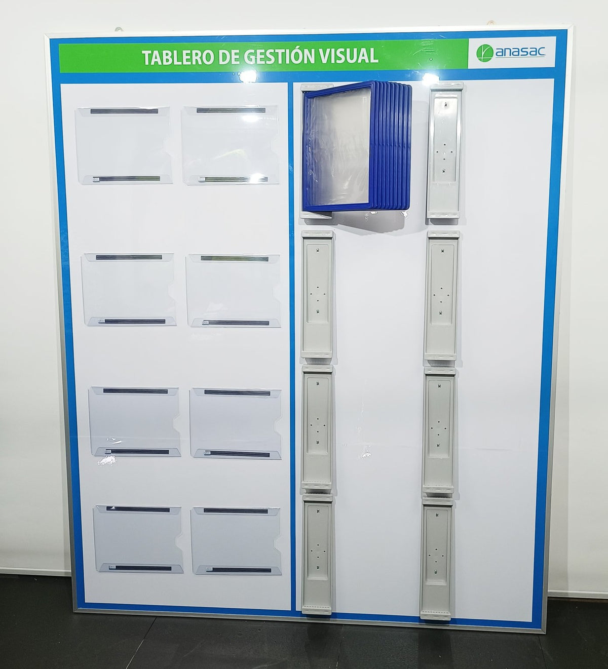 Custom visual management board with document holder pockets